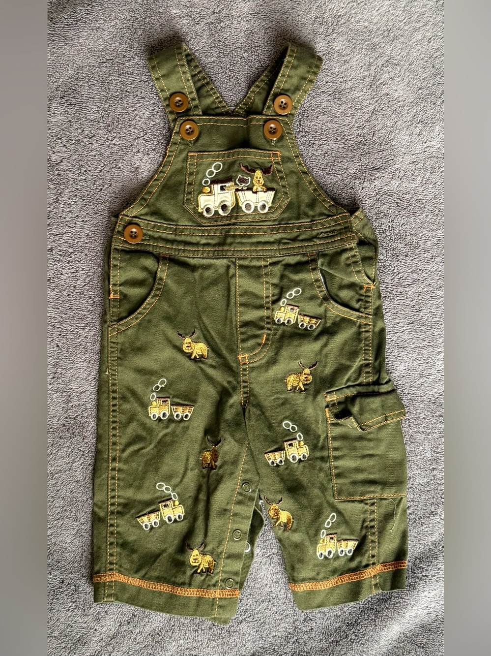 ❤️$4 with Bundle! Kids Olive Green Train Embroidered Overalls